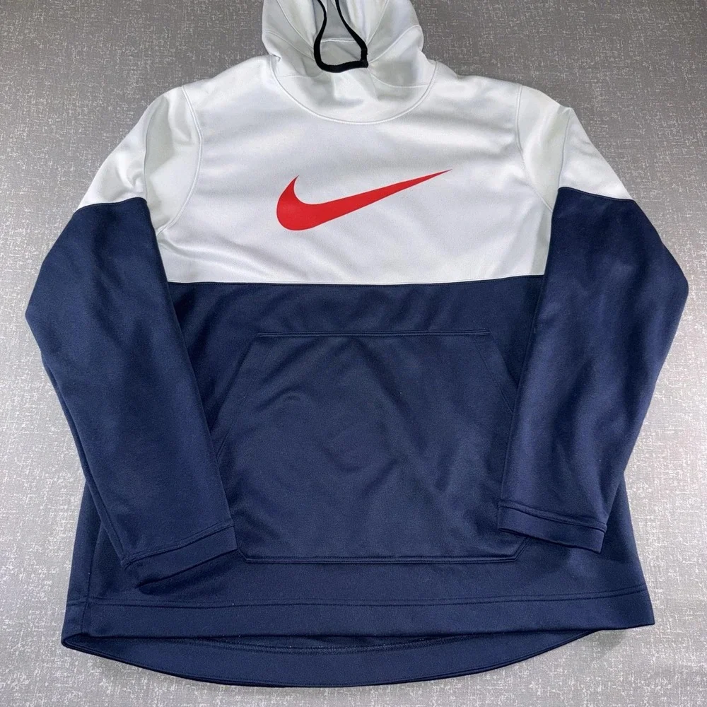 Nike Hoodie Mens XL Blue White Dri-FIT Pullover Kangaroo Pocket Swoosh Logo